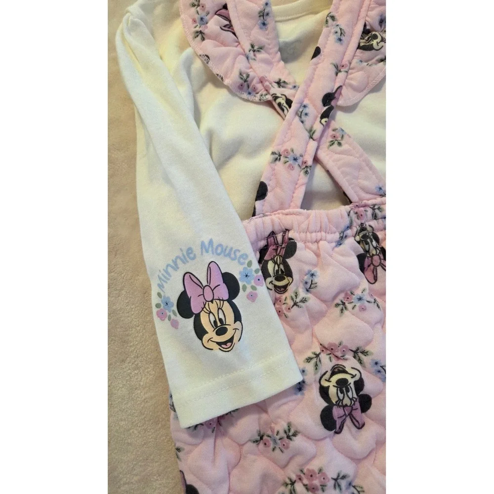 Disney Baby Minnie MouseOutfit Set‎ Pink Quilted Overalls Cotton Shirt 12M